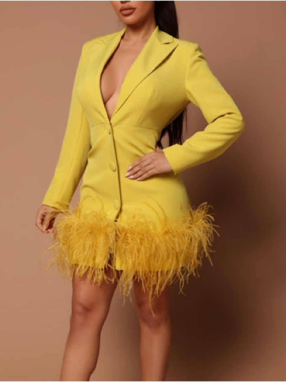 NovaLuxe Size Medium Yellow Feather Trim Blazer Dress used in good condition